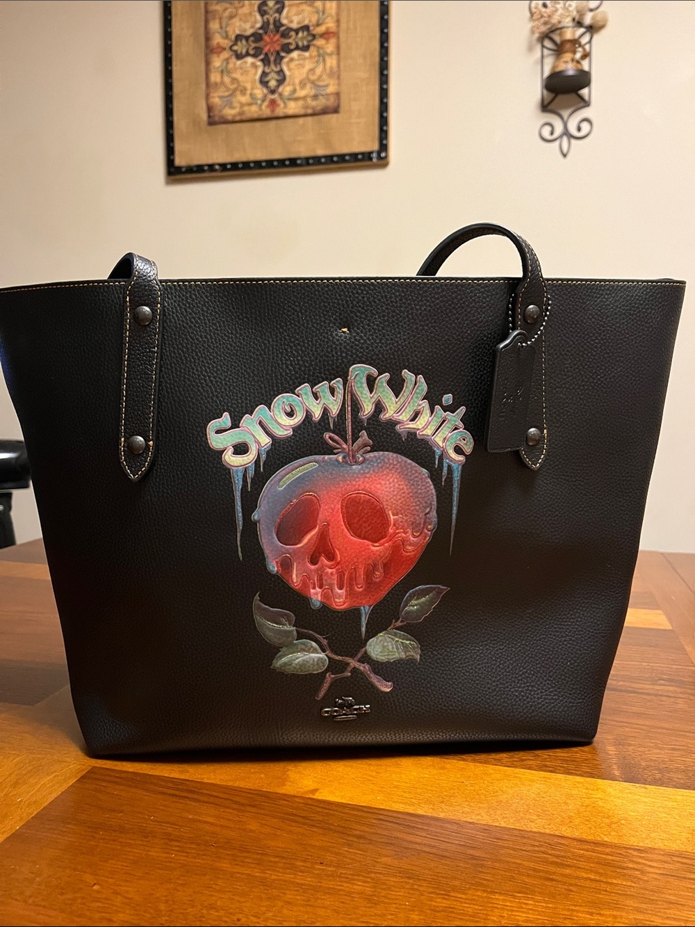 Coach Black Leather Tote with Snow White Poison Apple Graphic, 17x11 inches